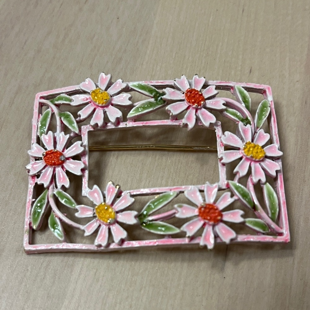 Vintage Signed ART Arthur Pepper Enamel 1960’s Pink Floral Rectangle Brooch Pin
